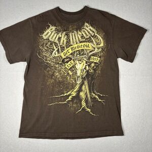 Y2K Buck Wear Medieval T Shirt Mens Medium Brown Graphic Tee Deer Skull Swords